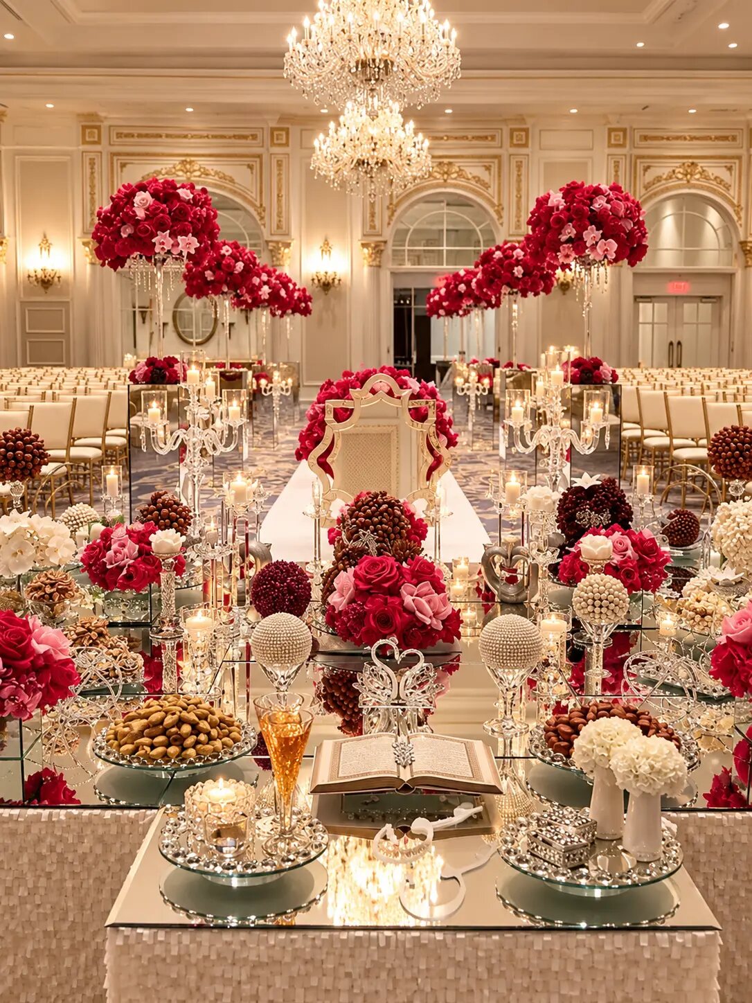 Persian Sofreh Aghd set on mirrored tables beneath crimson and pink rose flower balls in a gilded ballroom