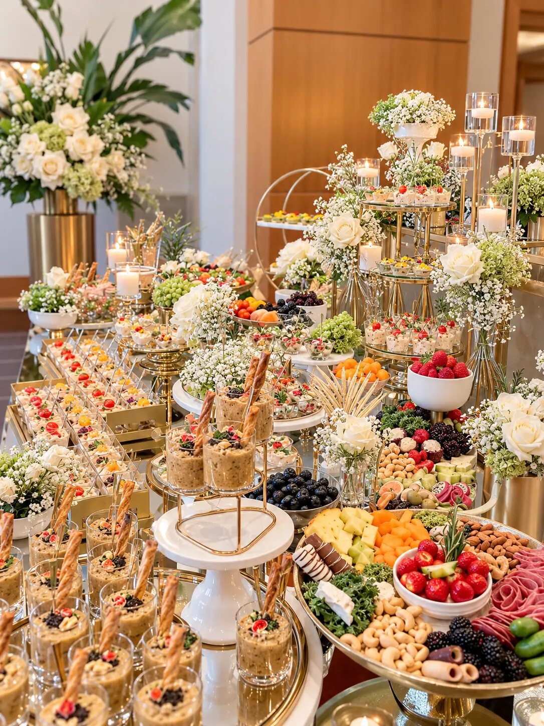Gold and brass grazing table styled with candelabras, white roses, charcuterie and fresh fruit