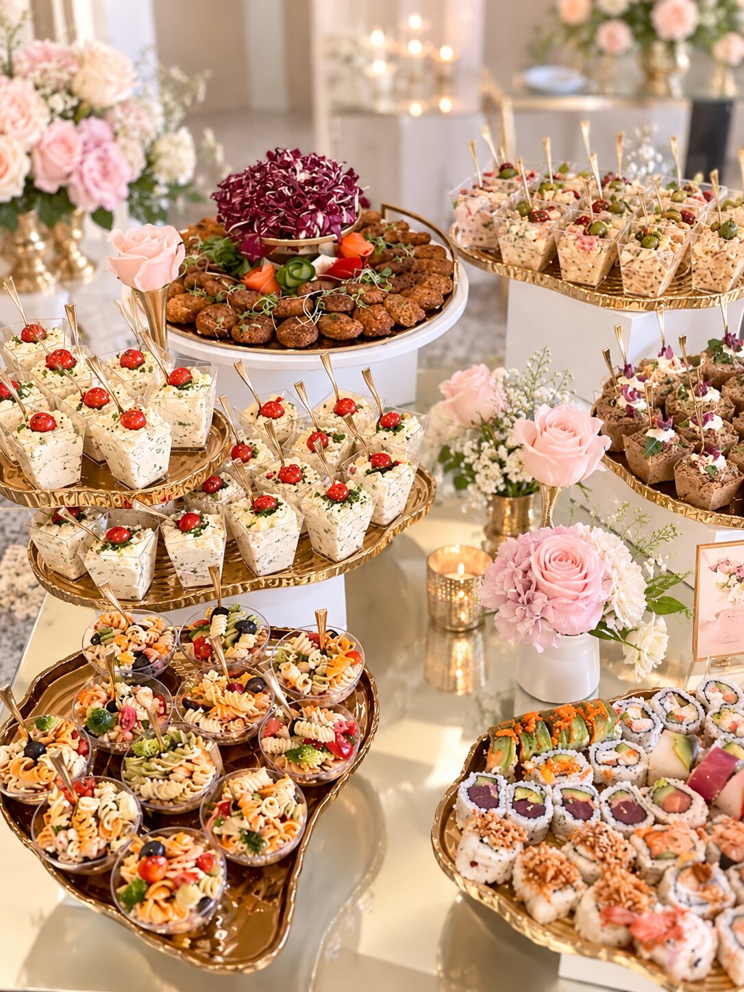Gold-tiered appetizer station on a mirrored table with sushi, salads in cups, blush roses and candles